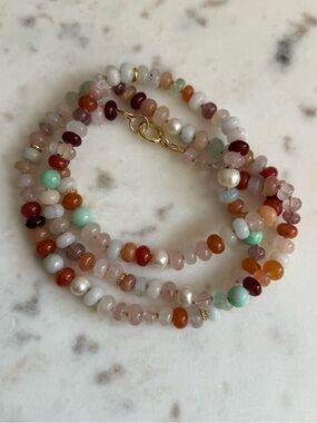 Long semi precious stone and pearl necklace